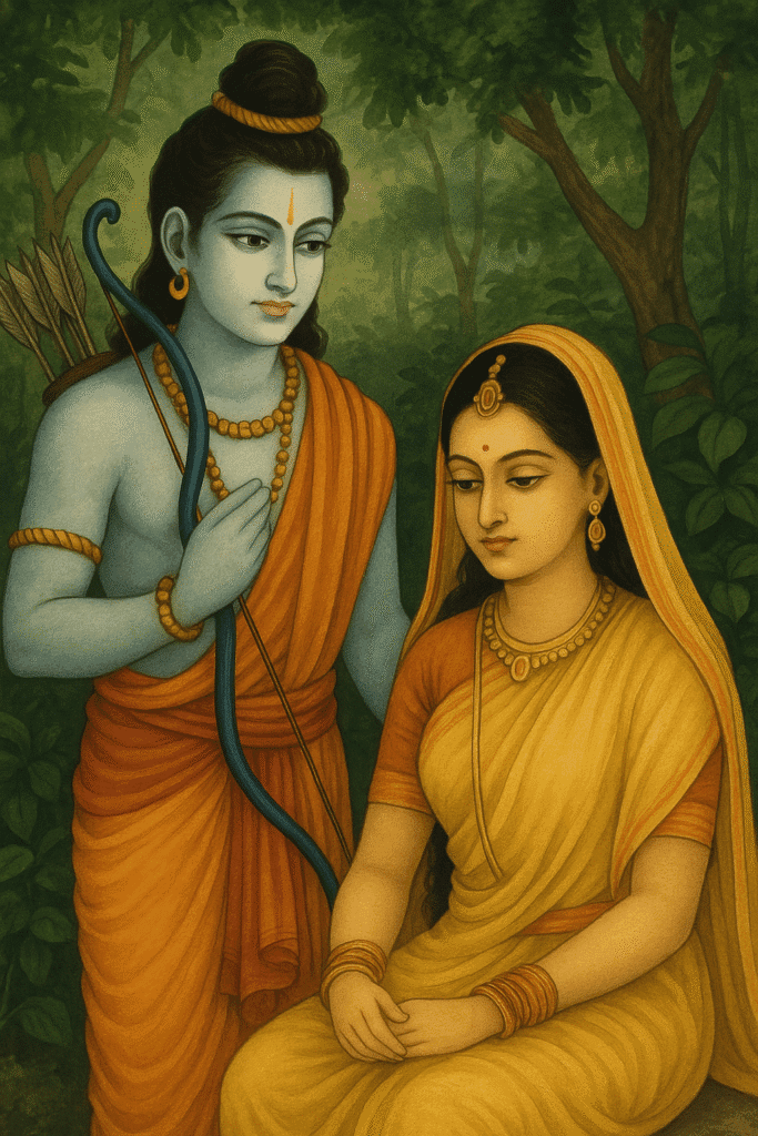 Lakshman Ji Ka Jeevan: Bhakti, Shakti Or Tyag Ki Misaal 5 Lakshman Ji standing protectively beside Mata Sita who is seated peacefully, symbolizing devotion and duty during their exile."Lakshman Ji ka Jeevan during Vanvaas with Ram and Sita"