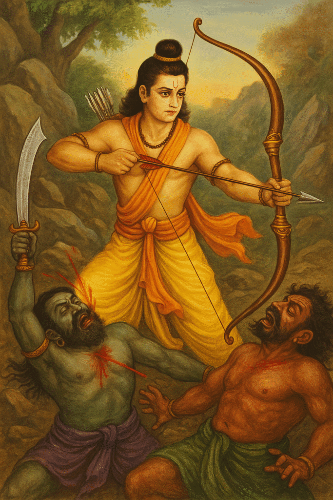Lakshman Ji Ka Jeevan: Bhakti, Shakti Or Tyag Ki Misaal 4 Lakshman Ji fearlessly shooting arrows at two demons during a fierce battle, showcasing his warrior skills and divine power in a forest battleground.