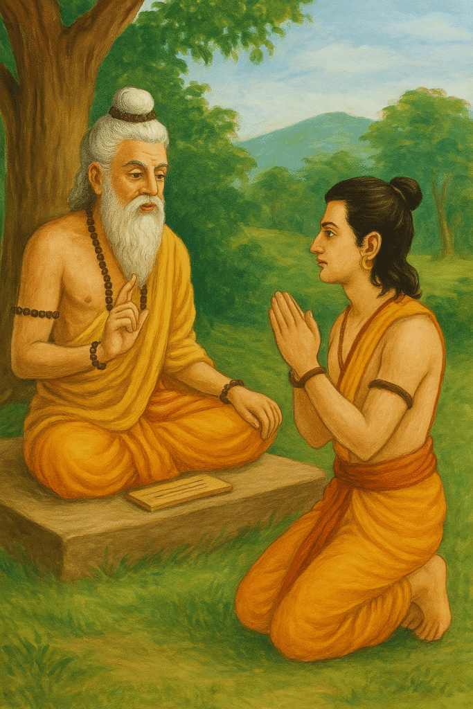 Lakshman Ji Ka Jeevan: Bhakti, Shakti Or Tyag Ki Misaal 2 Lakshman Ji paying respectful homage to his guru during ancient times, sitting under a tree and receiving sacred teachings in a peaceful forest setting.
