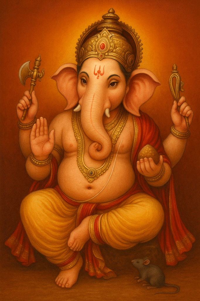 Ganesh Ji Ki Janam Katha Se Lekar Vighnaharta Banne Tak Ki Puri Kahani 1 Lord Ganesha seated peacefully on a golden throne with his mouse vahan beside, under warm red lighting.Alt text: Ganesh Ji Ki Kahani ke roop mein Ganesh ji Shiv-Parvati ke saath