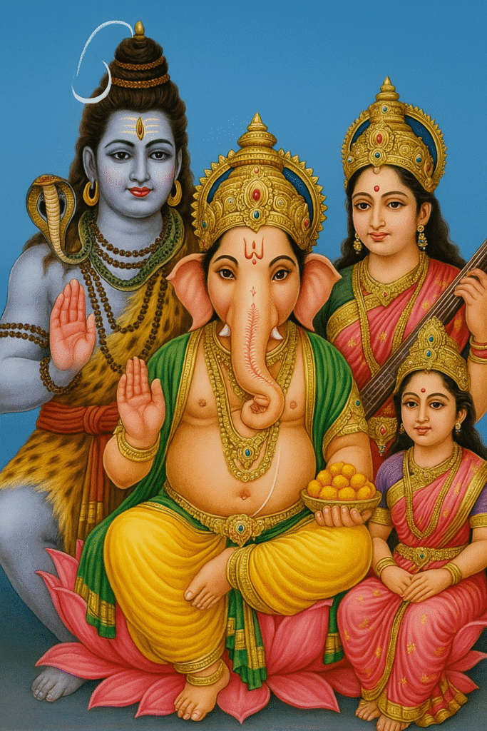Ganesh Ji Ki Janam Katha Se Lekar Vighnaharta Banne Tak Ki Puri Kahani 3 Lord Ganesha sitting on a lotus with Lord Shiva, Goddess Parvati, and two divine sisters in traditional attire.