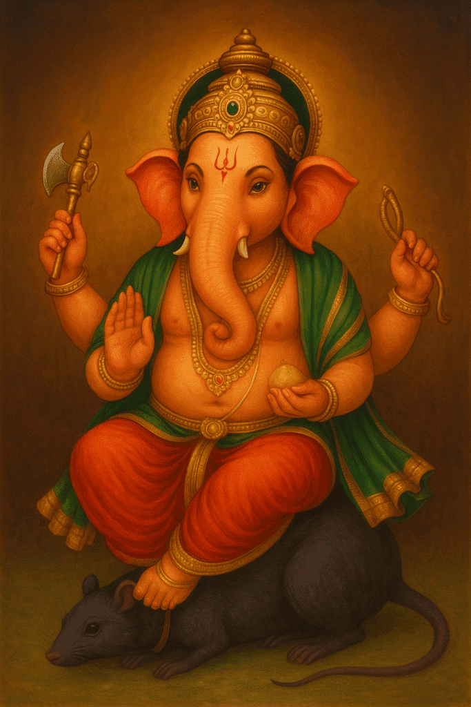 Ganesh Ji Ki Janam Katha Se Lekar Vighnaharta Banne Tak Ki Puri Kahani 5 Lord Ganesha seated on his vahan, the mouse, holding a modak and weapons, radiating divine grace.