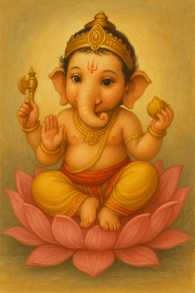 Ganesh Ji Ki Janam Katha Se Lekar Vighnaharta Banne Tak Ki Puri Kahani 2 Child form of Lord Ganesha sitting on a pink lotus holding a modak and axe, smiling sweetly.