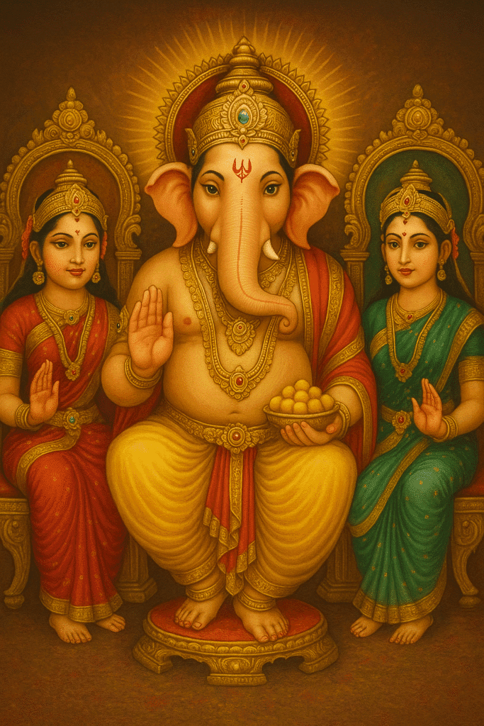 Ganesh Ji Ki Janam Katha Se Lekar Vighnaharta Banne Tak Ki Puri Kahani 4 Lord Ganesha seated on a golden throne with Riddhi and Siddhi on either side, all adorned in royal ornaments.