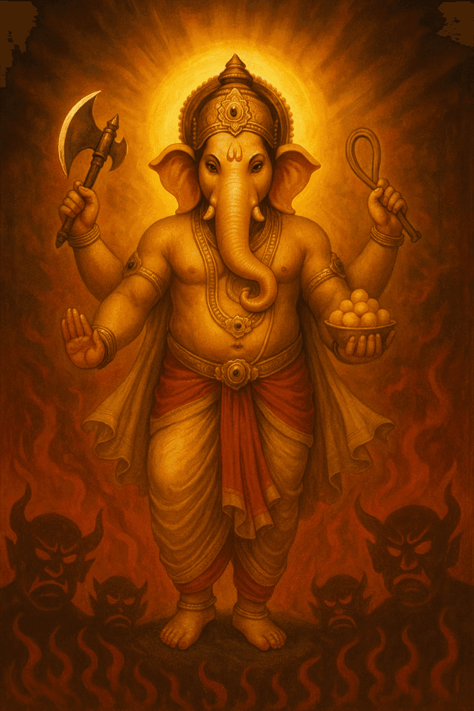 Ganesh Ji Ki Janam Katha Se Lekar Vighnaharta Banne Tak Ki Puri Kahani 6 Lord Ganesha in warrior form with golden aura, holding weapons, standing amid demon shadows.