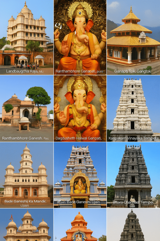 Ganesh Ji Ki Janam Katha Se Lekar Vighnaharta Banne Tak Ki Puri Kahani 7 Collage of 10 famous Ganesh temples across India including Siddhivinayak, Dagdusheth, Ranthambore, Ujjain, and more.