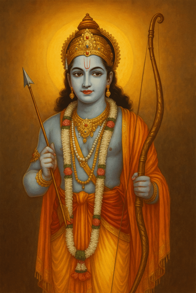 Bhagwan Ram Ka Sampoorna Jeevan: Janam, Vanvaas, Ramayan Ki Kahani Aur Adarsh Jeevan Ki Seekh 1 "Bhagwan Ram dhanush aur baan ke saath virajmaan hain, mukut aur haar pehne, divya tej ke saath — maryada aur dharma ka prateek roop."ka ek drishya