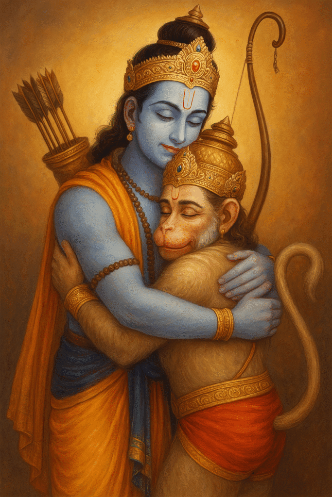 Bhagwan Ram Ka Sampoorna Jeevan: Janam, Vanvaas, Ramayan Ki Kahani Aur Adarsh Jeevan Ki Seekh 4 "Bhagwan Ram apne param bhakt Hanuman ji ko prem se gale laga rahe hain — ek pavitra drishya jo bhakti, samarpan aur prem ka adarsh sambandh darshata hai."