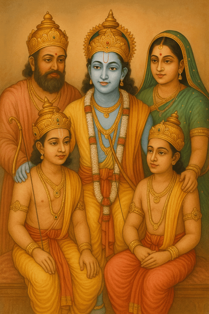 Bhagwan Ram Ka Sampoorna Jeevan: Janam, Vanvaas, Ramayan Ki Kahani Aur Adarsh Jeevan Ki Seekh 2 "Baalkal mein Bhagwan Ram apne mata-pita Raja Dashrath aur Rani Kaushalya ke saath, aur bhai Lakshman, Bharat, Shatrughna ke saath ek parivaarik drishya mein — prem, samman aur sanskaar ka prateek chitr."