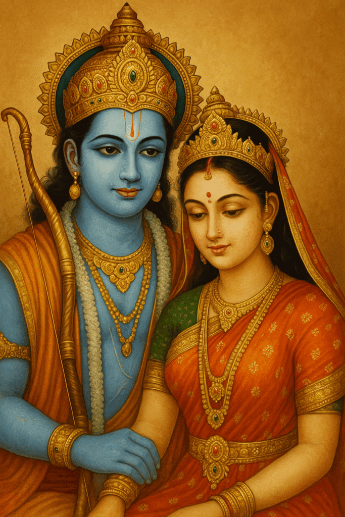 Bhagwan Ram Ka Sampoorna Jeevan: Janam, Vanvaas, Ramayan Ki Kahani Aur Adarsh Jeevan Ki Seekh 3 Bhagwan Ram aur Mata Sita ek sukhad aur shant drishya mein ek saath virajmaan hain, dono rajsi vastra aur mukut mein alankrit hain — ek aadarsh dampati ke roop mein prem, maryada aur divyata ka prateek."