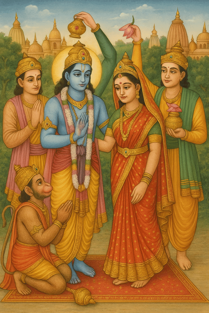 Bhagwan Ram Ka Sampoorna Jeevan: Janam, Vanvaas, Ramayan Ki Kahani Aur Adarsh Jeevan Ki Seekh 5 "Ram ji aur Sita Mata ka rajyaabhishek ho raha hai, jahan Sita unke mastak par pushp aur jal arpit kar rahi hain, Hanuman ji vinamr bhav se samne prarthana mein hain – ek pavitra aur bhavy Rajyaabhishek ka drishya Ayodhya ke mandiron ke beech."