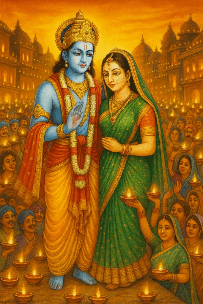 Bhagwan Ram Ka Sampoorna Jeevan: Janam, Vanvaas, Ramayan Ki Kahani Aur Adarsh Jeevan Ki Seekh 6 "Bhagwan Ram aur Mata Sita Ayodhya vaapsi ke baad Diwali ke utsav mein shamil ho rahe hain, jahan nagar vaasi deep jalaakar unka swagat kar rahe hain — pichhle vanvaas ke baad khushi aur prakash ka drishya."