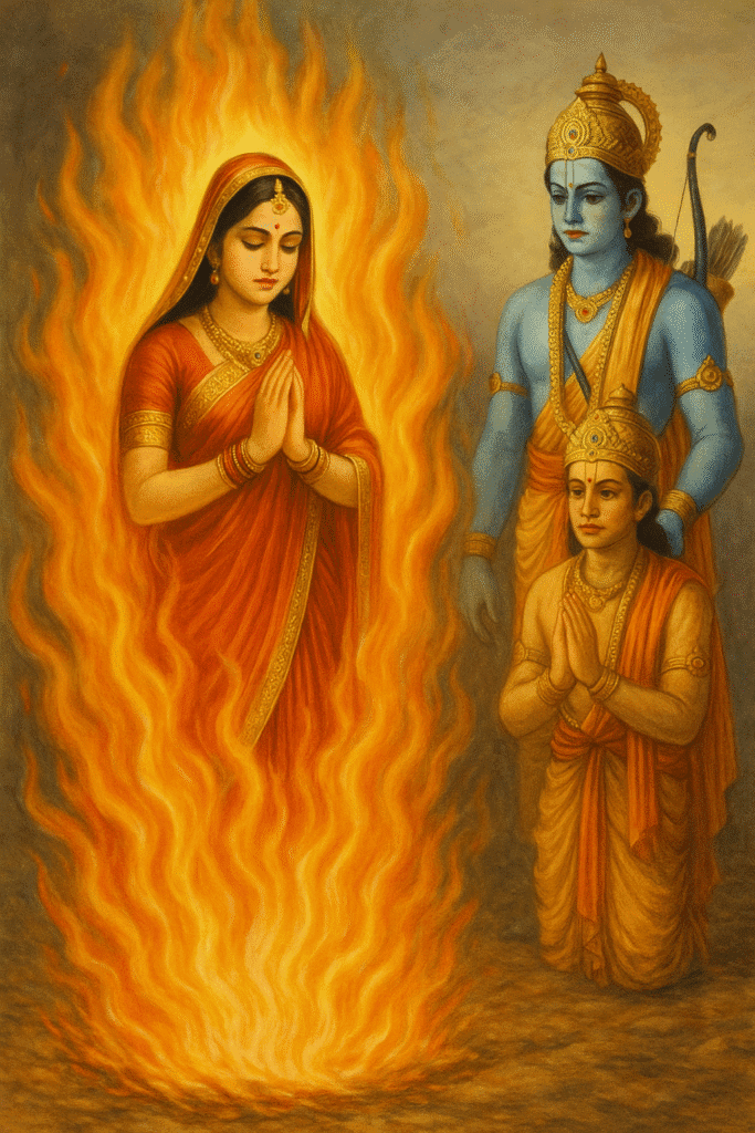 Bhagwan Ram Ka Sampoorna Jeevan: Janam, Vanvaas, Ramayan Ki Kahani Aur Adarsh Jeevan Ki Seekh 7 "Sita Mata apni agnipariksha ke dauraan prarthana mudra mein prakat ho rahi hain, peeche Ram ji aur Lakshman vinamr bhav se khade hain – ek bhavnaatmak aur adhyatmik drishya jo Sita ke pavitrata aur tyag ko darshata hai."