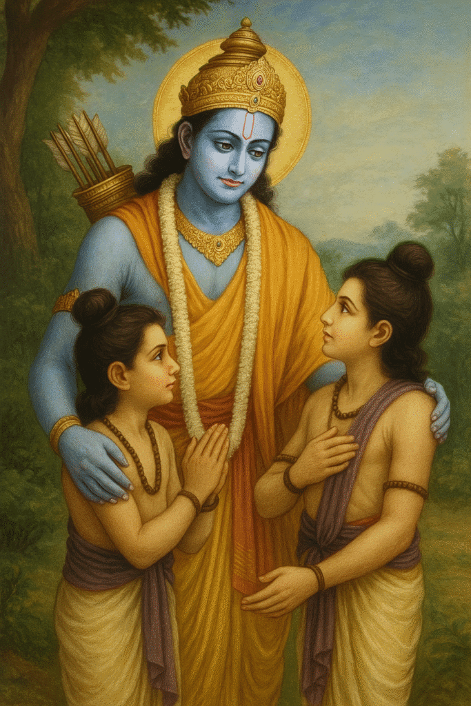 Bhagwan Ram Ka Sampoorna Jeevan: Janam, Vanvaas, Ramayan Ki Kahani Aur Adarsh Jeevan Ki Seekh 8 "Bhagwan Ram apne dono putron Luv aur Kush ko prem se gale laga rahe hain, van ke drishya mein adhyatmik aur emotional pal ko darshata ek sundar chitr."