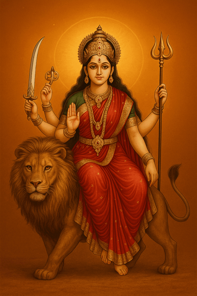 Maa Durga Ka Janam, Roop, Vahan, Navdurga, Chamatkar or Durga Chalisa – Ek Vishesh Kahani 1 “Goddess Durga seated on a lion, holding trishul, sword, and chakra, blessing devotees with her right hand, adorned in red saree with golden crown.”