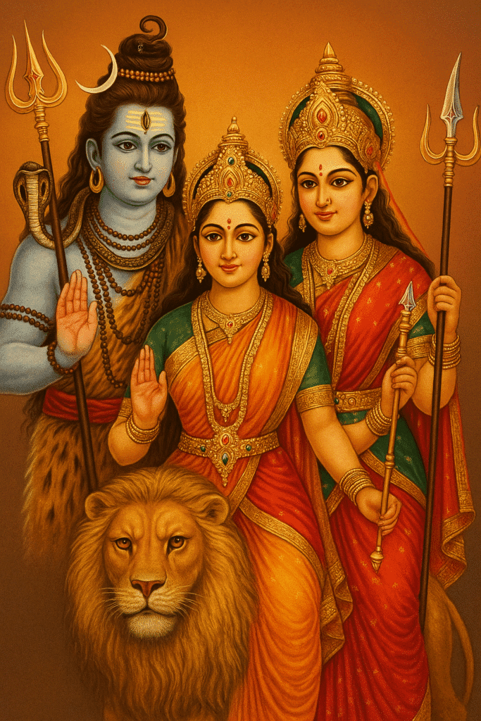 Maa Durga Ka Janam, Roop, Vahan, Navdurga, Chamatkar or Durga Chalisa – Ek Vishesh Kahani 2 “Divine portrait of Lord Shiva, Goddess Parvati, and Goddess Durga standing together with a majestic lion, symbolizing power, protection, and unity.”