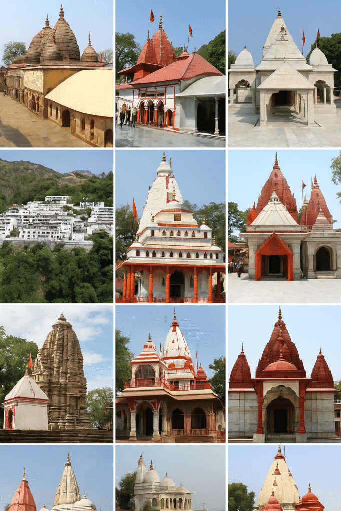 Maa Durga Ka Janam, Roop, Vahan, Navdurga, Chamatkar or Durga Chalisa – Ek Vishesh Kahani 3 “Collage of 10 famous Hindu temples dedicated to Maa Durga across India, showcasing diverse architectural styles and sacred surroundings.”