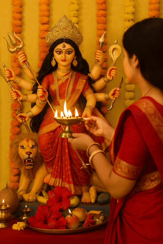 Maa Durga Ka Janam, Roop, Vahan, Navdurga, Chamatkar or Durga Chalisa – Ek Vishesh Kahani 4 “Hindu woman in red saree performing aarti to Maa Durga idol, decorated with marigold garlands, traditional weapons and lion vahan, during Navratri.”