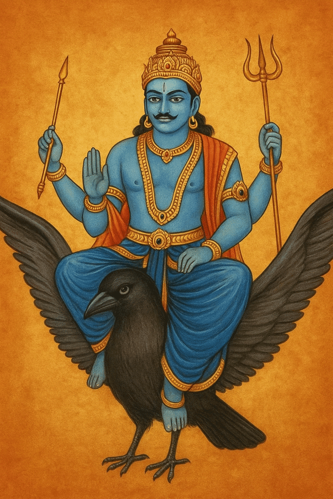 Shani Dev: Krodh, Nyay Or Shraap Ki Kahani – Shani Dosh Aur Upay Zaroor Padhein 1 "Shani Dev sitting on a black crow, holding a trident and mace, with blue skin, golden crown, and traditional ornaments, symbolizing justice and karma in Hindu mythology."
