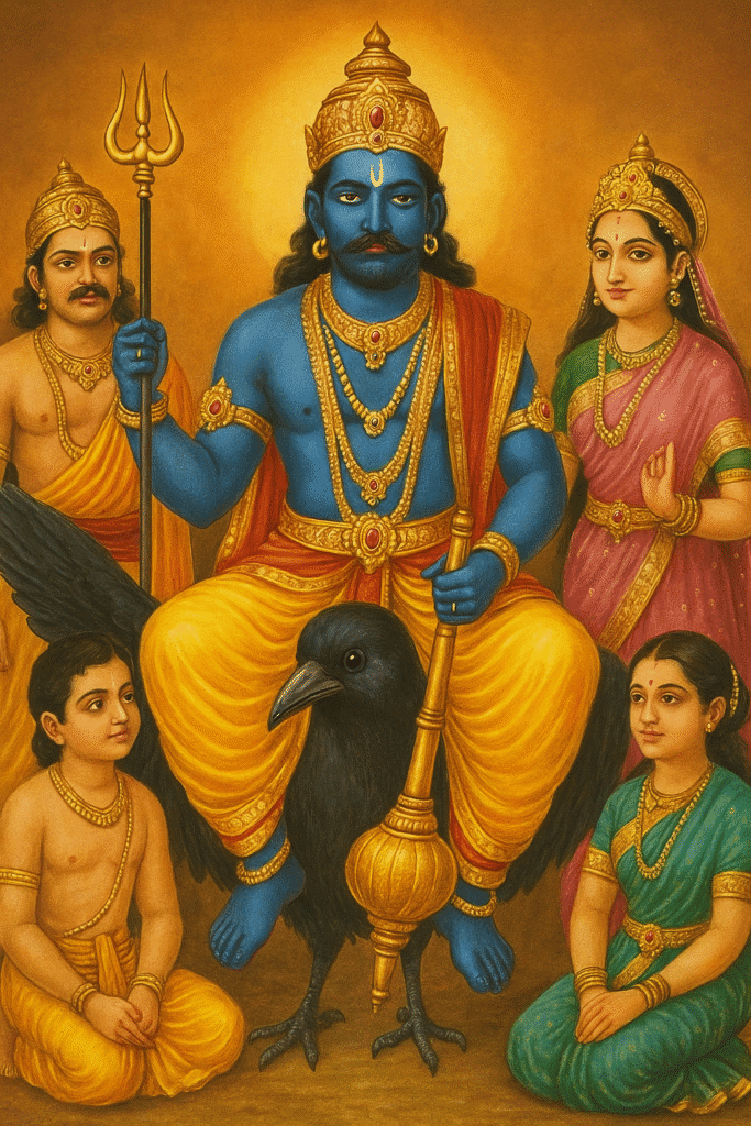 Shani Dev: Krodh, Nyay Or Shraap Ki Kahani – Shani Dosh Aur Upay Zaroor Padhein 2 "Shani Dev seated on a black crow with his family — Yama Dev, Yamuna, Rajkumari Tejaswini, and children — all adorned in traditional attire, symbolizing divine justice and spiritual power."