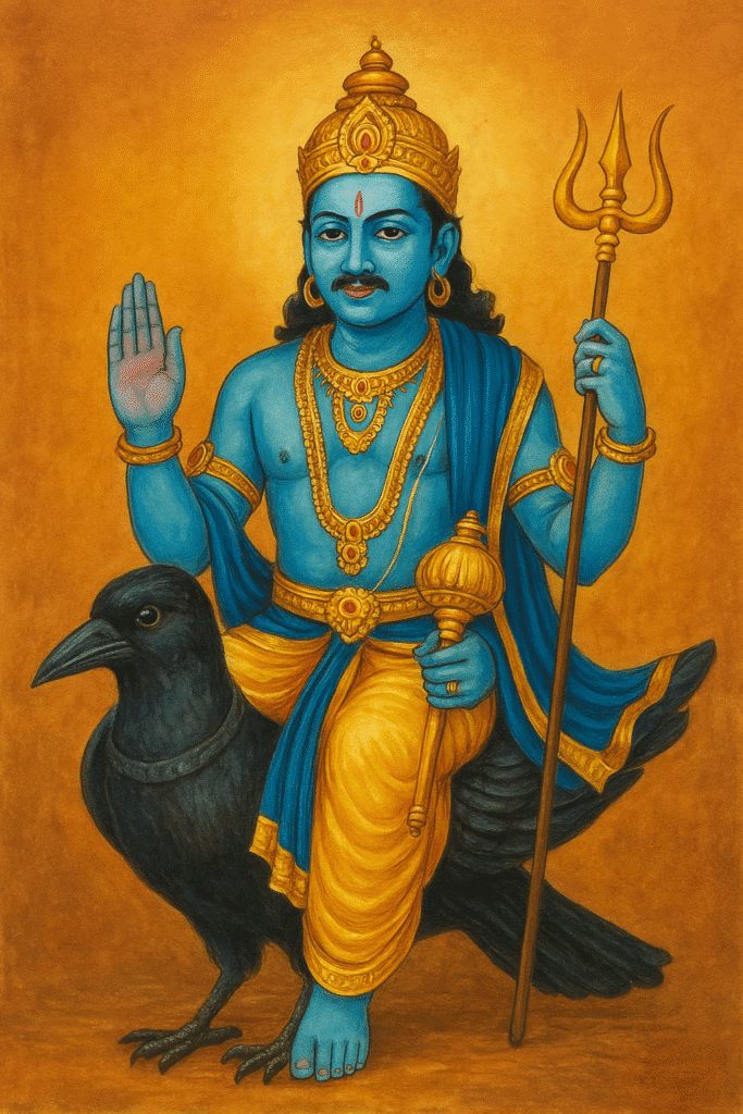 Shani Dev: Krodh, Nyay Or Shraap Ki Kahani – Shani Dosh Aur Upay Zaroor Padhein 3 "Shani Dev blessing devotees while seated on a black crow, with his right hand raised in ashirwad mudra, holding a trident and gada, wearing golden ornaments and blue-yellow attire against a glowing background."