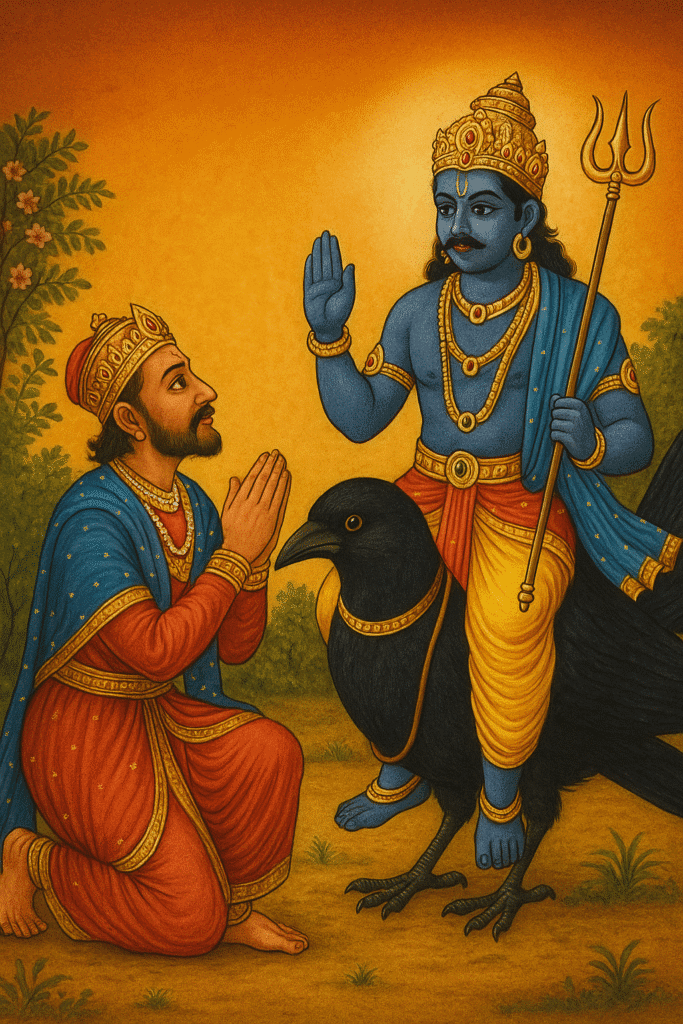 Shani Dev: Krodh, Nyay Or Shraap Ki Kahani – Shani Dosh Aur Upay Zaroor Padhein 4 "King Vikramaditya kneeling with folded hands before Lord Shani Dev, who is seated on a black crow and blessing him with his raised hand, set against a golden-orange background in traditional Indian art style."