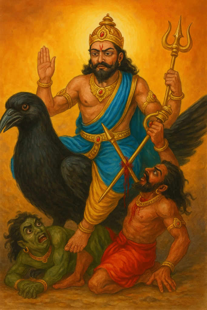 Shani Dev: Krodh, Nyay Or Shraap Ki Kahani – Shani Dosh Aur Upay Zaroor Padhein 5 "Shani Dev seated on a black crow, vanquishing demons with a trident, one demon pierced and another under his foot, symbolizing justice and the destruction of evil in a traditional Hindu painting style."