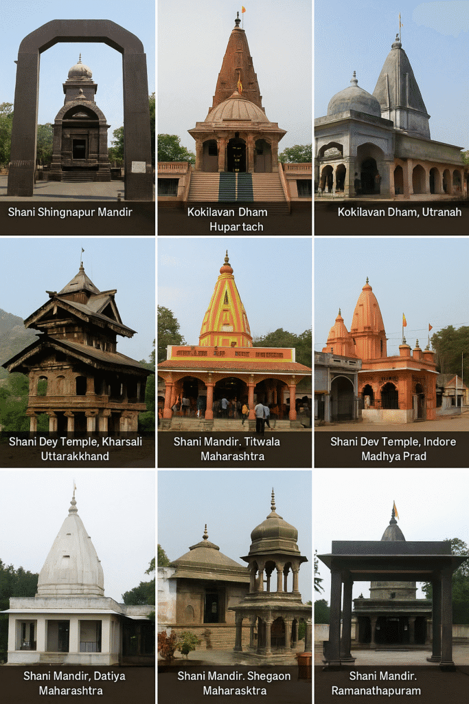 Shani Dev: Krodh, Nyay Or Shraap Ki Kahani – Shani Dosh Aur Upay Zaroor Padhein 6 A collage of famous Shani temples across India including Shani Shingnapur Mandir, Kokilavan Dham, Shani Dey Temple in Kharsali, Titwala Mandir in Maharashtra, and Shani Dev Temple in Indore – representing sacred places of justice and devotion to Lord Shani Dev.
