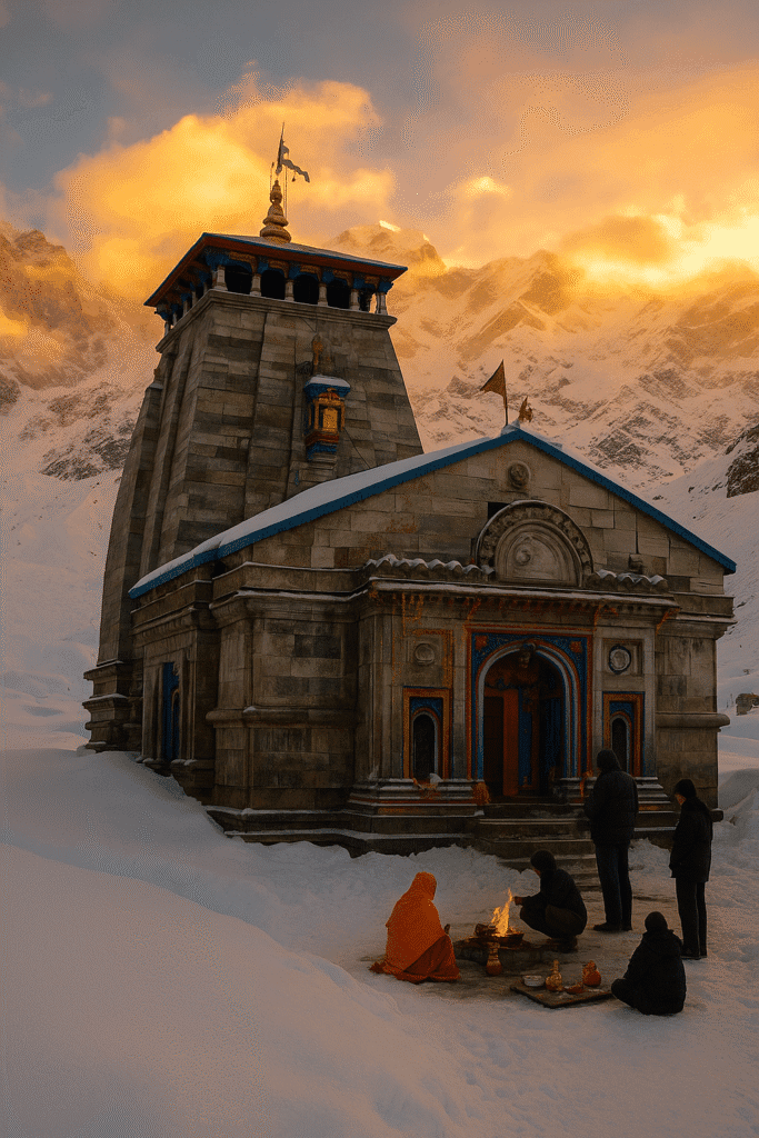 Kedarnath Mandir Ka Sach: Itihaas Se Le Kar Chamatkaar Tak 1 "Kedarnath Temple covered in snow, surrounded by majestic Himalayan peaks, with a golden sky and devotees walking toward the ancient Shiva shrine."