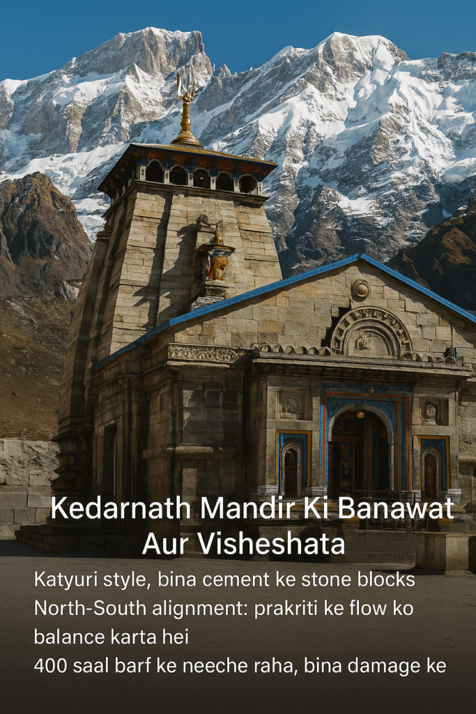 Kedarnath Mandir Ka Sach: Itihaas Se Le Kar Chamatkaar Tak 2 "Kedarnath Mandir standing tall amid snow-covered mountains under a clear blue sky, with golden sunlight illuminating the ancient temple's stone structure."