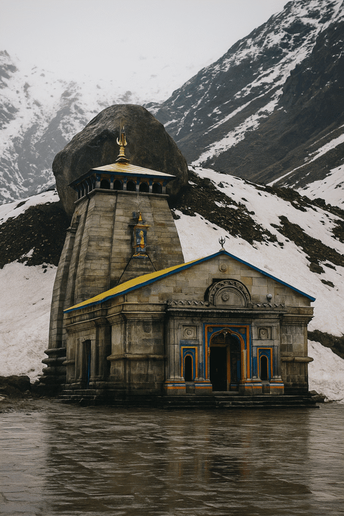 Kedarnath Mandir Ka Sach: Itihaas Se Le Kar Chamatkaar Tak 3 "Kedarnath Temple with a massive boulder behind it, snow-covered Himalayan peaks all around, and the sacred shrine glowing in soft daylight — symbolizing divine protection during the 2013 disaster."