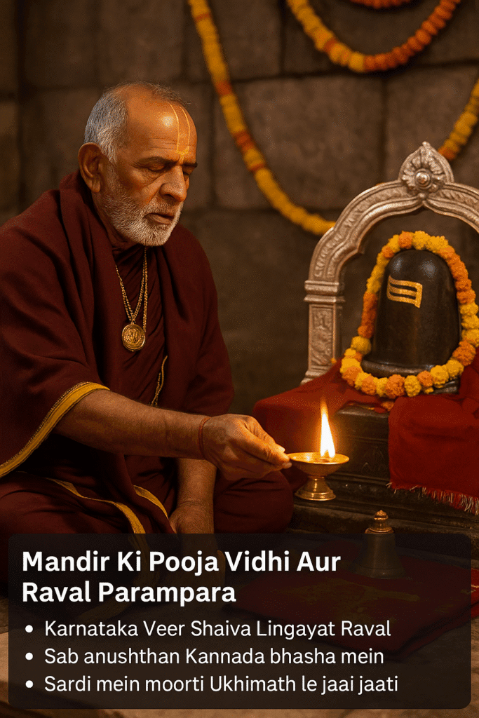 Kedarnath Mandir Ka Sach: Itihaas Se Le Kar Chamatkaar Tak 4 "An elderly Hindu priest from the Veer Shaiva Lingayat tradition performing ritual worship inside Kedarnath Temple, dressed in traditional attire with sacred offerings."