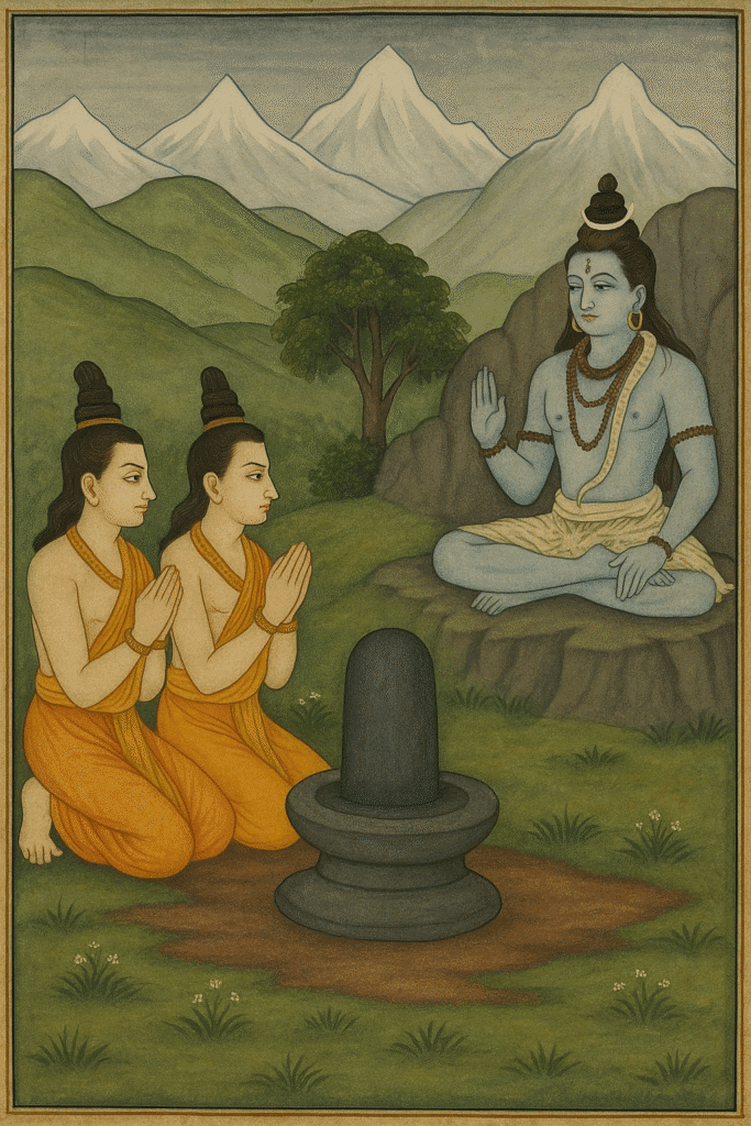 Kedarnath Mandir Ka Sach: Itihaas Se Le Kar Chamatkaar Tak 5 "Traditional Indian-style painting showing sages Nar and Narayan meditating before a Shiva Lingam in the Himalayas, surrounded by nature and spiritual energy."