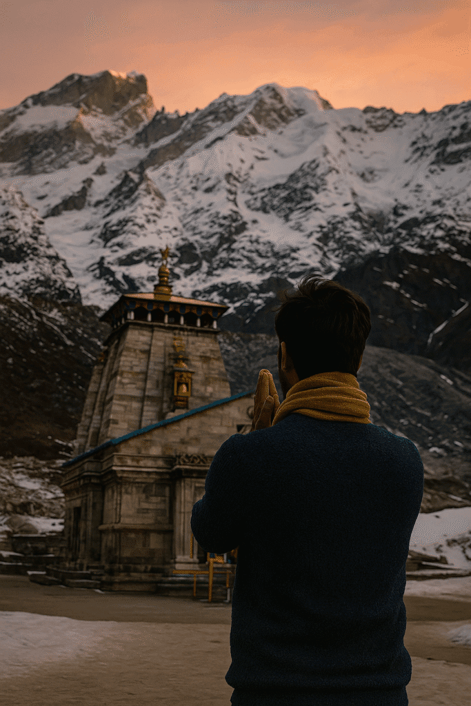 Kedarnath Mandir Ka Sach: Itihaas Se Le Kar Chamatkaar Tak 6 "A devotee standing in silence with folded hands before the snow-covered Kedarnath Temple, surrounded by the serene Himalayas — capturing a moment of deep spiritual connection."