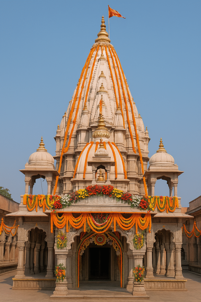 Mahakaleshwar Jyotirling: Ujjain Ka Mahadev Mandir Or Uske Adbhut Rahasya 1 "Mahakaleshwar Jyotirling temple in Ujjain beautifully decorated with marigold garlands and flowers, showcasing its white stone shikhara and intricate carvings under a clear blue sky."