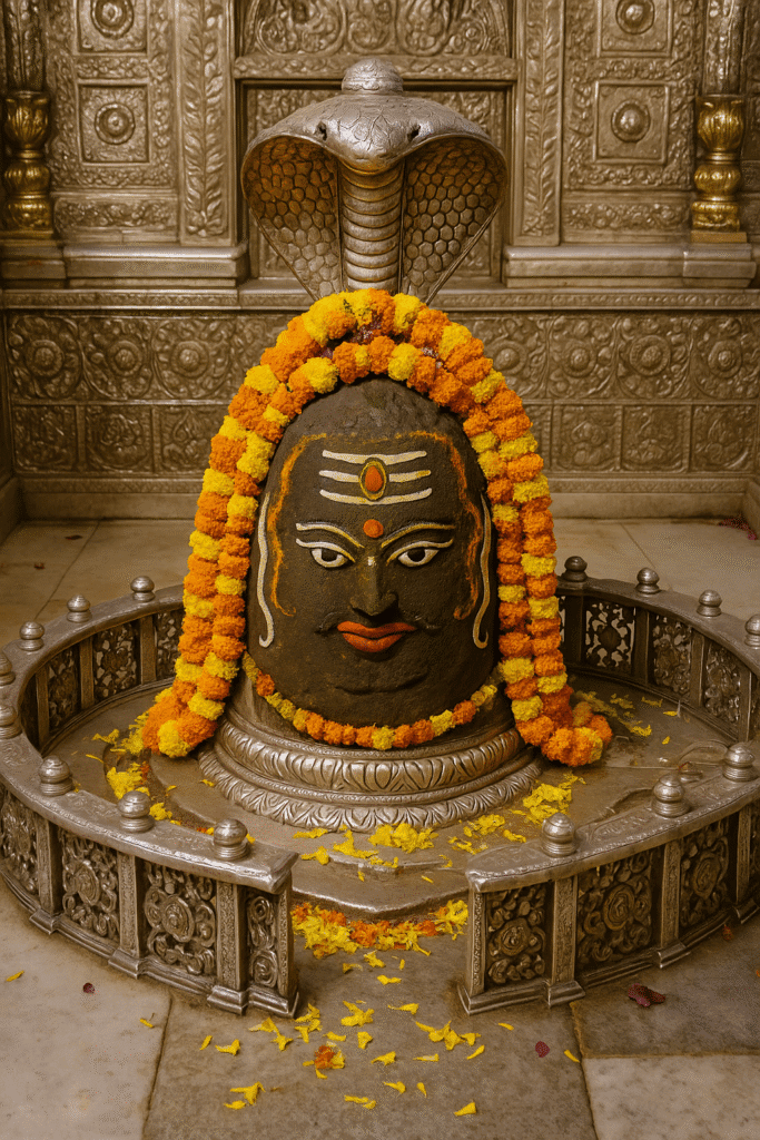 Mahakaleshwar Jyotirling: Ujjain Ka Mahadev Mandir Or Uske Adbhut Rahasya 2 "Mahakaleshwar Jyotirling inside view showing the adorned Shivalinga with a silver serpent hood, marigold garland, and detailed silver backdrop within the sanctum of the temple."