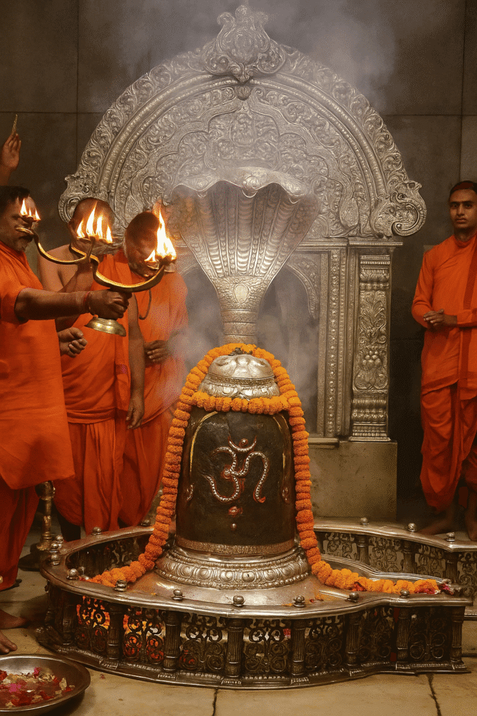 Mahakaleshwar Jyotirling: Ujjain Ka Mahadev Mandir Or Uske Adbhut Rahasya 3 "Priests performing aarti inside Mahakaleshwar Temple, with a flaming lamp in front of the decorated Shivalinga adorned with marigold garlands and silver serpent hood, amidst sacred smoke and silver-carved backdrop."