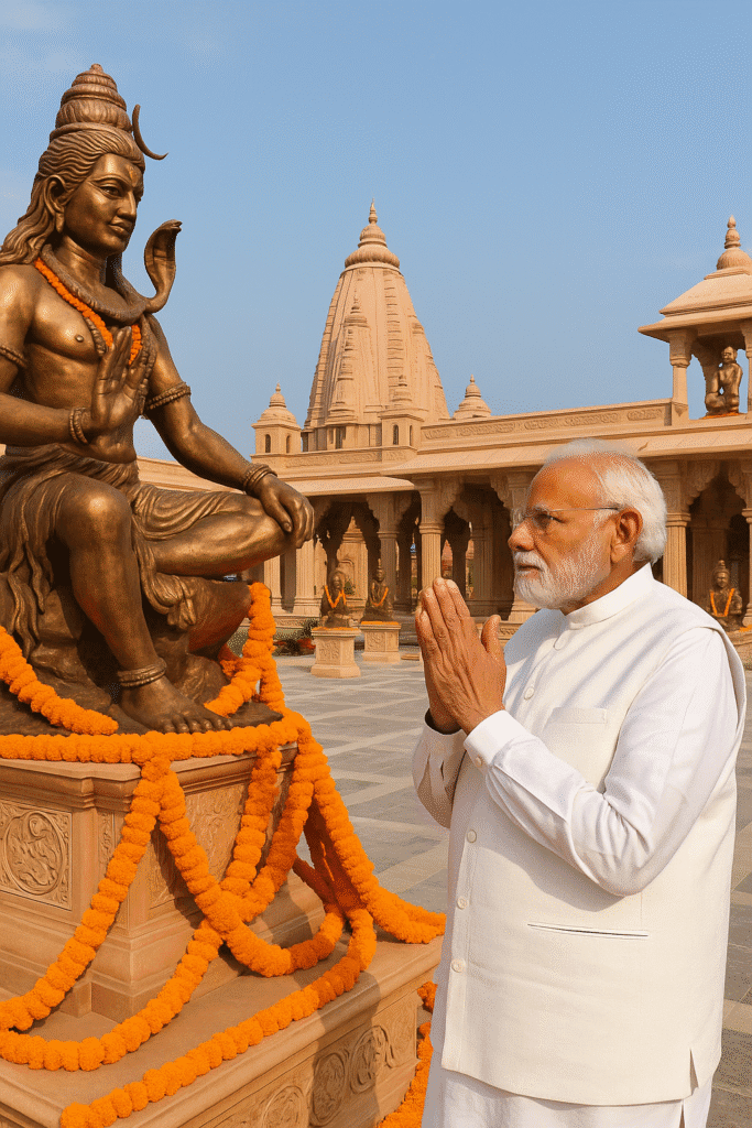 Mahakaleshwar Jyotirling: Ujjain Ka Mahadev Mandir Or Uske Adbhut Rahasya 4 "Prime Minister Narendra Modi performing Namaste in front of a grand Shiva statue during the inauguration of Mahakal Lok, with intricately designed sandstone temple structures and marigold decorations in the background."