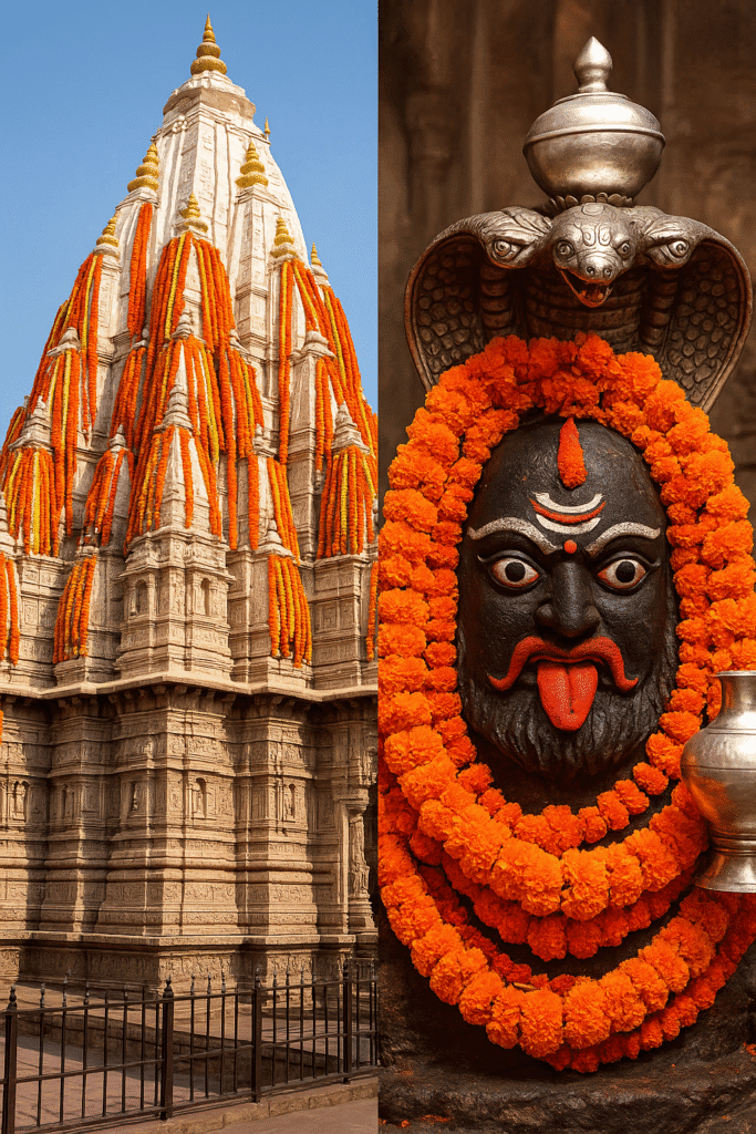Mahakaleshwar Jyotirling: Ujjain Ka Mahadev Mandir Or Uske Adbhut Rahasya 5 "Mahakaleshwar Temple decorated with marigold garlands on the left and fierce idol of Kal Bhairav adorned with orange flower garland and silver hood on the right, both captured in natural lighting highlighting their sacred architectural and spiritual details."
