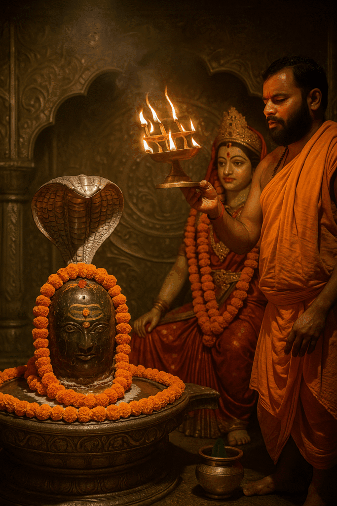 Mahakaleshwar Jyotirling: Ujjain Ka Mahadev Mandir Or Uske Adbhut Rahasya 6 "Hindu priest performing aarti with a five-flame lamp in front of a decorated Shivalinga, with Goddess Parvati idol in the background, during Mahashivratri celebration inside a beautifully carved temple sanctum."