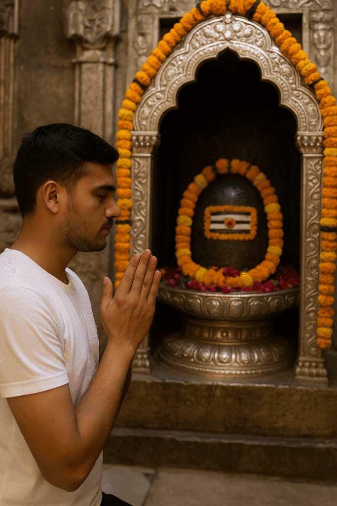 Kashi Vishwanath Mandir: Shiv Bhakti, Moksha Or Ganga Aarti Ka Adbhut Sangam 4 “Ek yuva bhakt Kashi Vishwanath Mandir mein Shivling ke samne haath jod kar prarthana karta hua – mandir ke bhakti bhare vatavaran aur marigold se sajaye gaye Shivling ke darshan.”