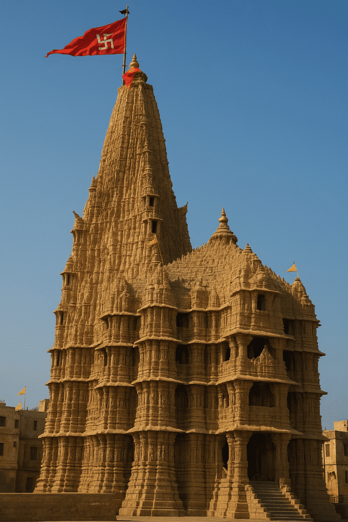Dwarkadhish Mandir Ka Rahasya: Samundar Mai Doobi Shri Krishna Ki Nagri 1 "Majestic view of Dwarkadhish Temple in Gujarat, showcasing its intricately carved sandstone shikhara with red Dhwaja flag fluttering atop, under a clear blue sky."