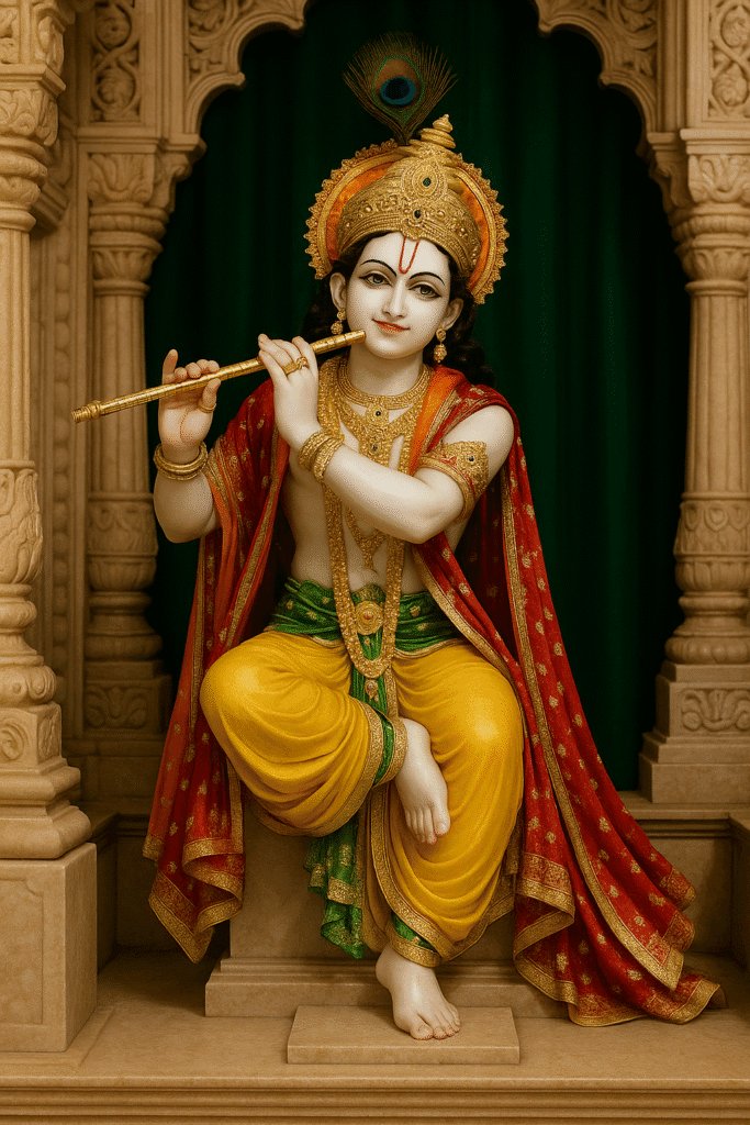 Dwarkadhish Mandir Ka Rahasya: Samundar Mai Doobi Shri Krishna Ki Nagri 2 Shree Krishna idol seated gracefully, playing flute, adorned with golden crown, peacock feather, yellow dhoti, red patka, and divine smile – placed in a beautifully carved temple backdrop.