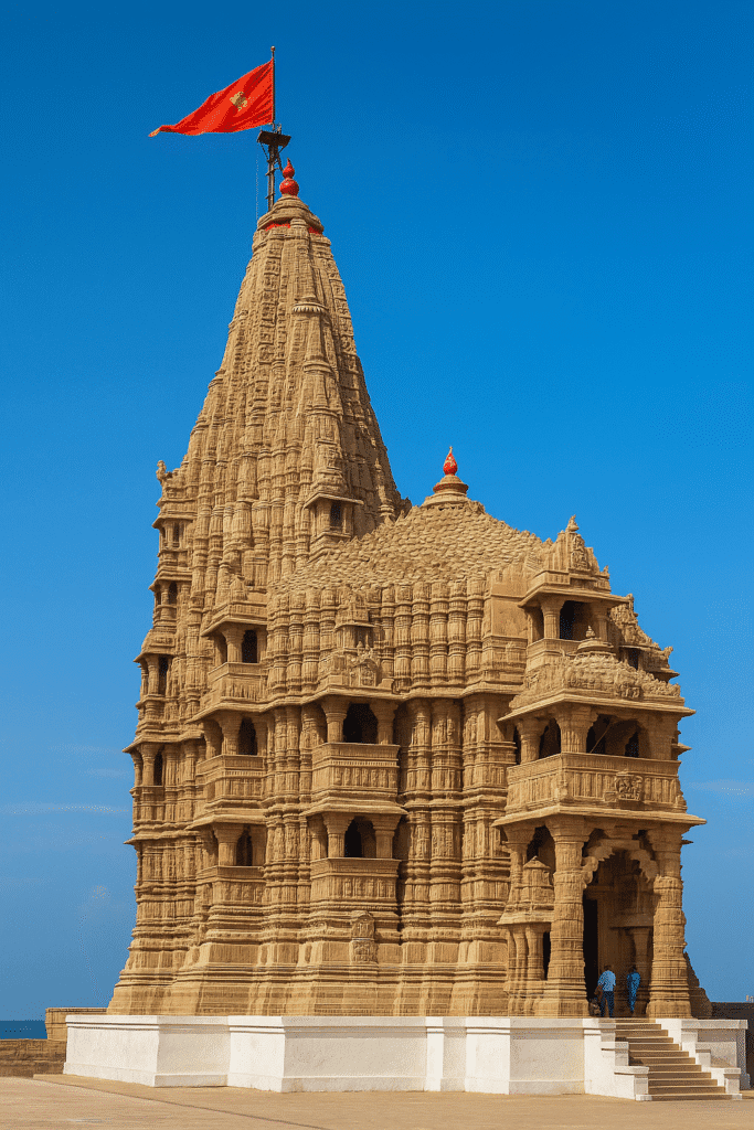Dwarkadhish Mandir Ka Rahasya: Samundar Mai Doobi Shri Krishna Ki Nagri 3 Dwarkadhish Mandir, also known as Jagat Mandir, showcasing its grand sandstone architecture with intricate carvings under a clear blue sky in Dwarka, Gujarat.