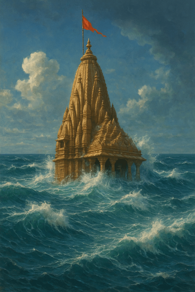 Dwarkadhish Mandir Ka Rahasya: Samundar Mai Doobi Shri Krishna Ki Nagri 4 Artistic depiction of Dwarka city or temple submerging into the ocean, symbolizing the legendary event from Hindu mythology where Lord Krishna’s kingdom was swallowed by the sea.