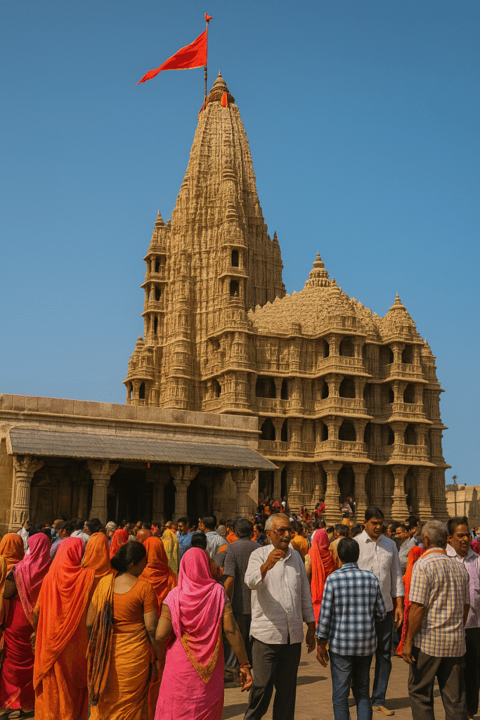 Dwarkadhish Mandir Ka Rahasya: Samundar Mai Doobi Shri Krishna Ki Nagri 6 Devotees in colorful traditional attire visiting Dwarkadhish Mandir in Gujarat, showcasing the temple’s majestic sandstone architecture and vibrant spiritual atmosphere.