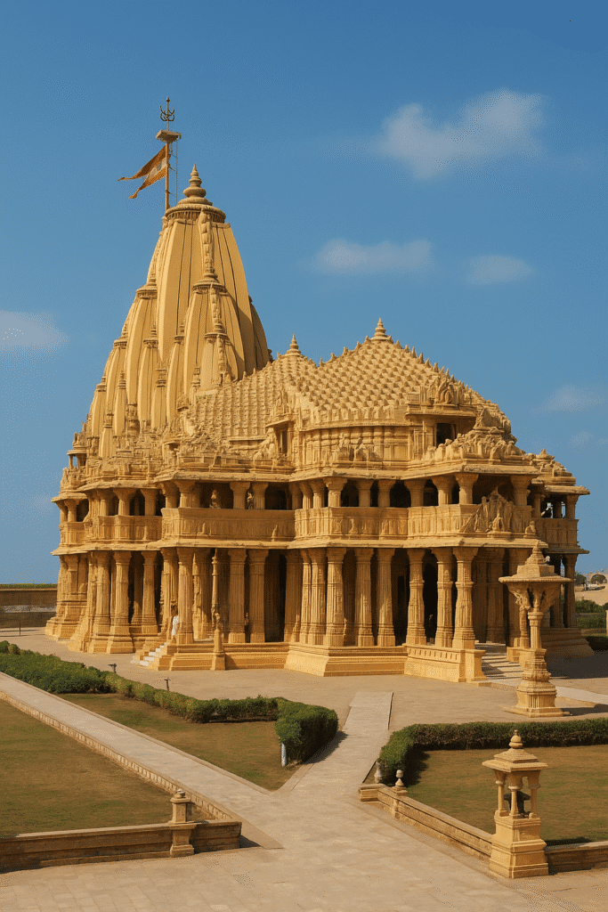 "Somnath Temple ka divya drishya – sunehre pattharon se bana, uncha shikhar, jhanda lehraata hua, mandir ke samne path aur hariyali ke beech sthit ek shaanadar drishya jo bhakti aur itihas ka prateek hai."