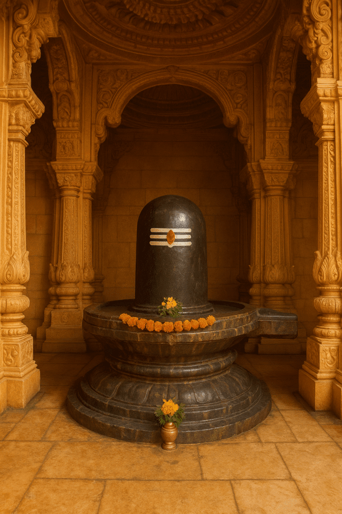 "Somnath Jyotirling ka pavitra drishya – kala pathar ka Shiva Lingam, marigold phoolon se saja hua, sundar nakashi wale mandap ke beech sthapit, jo bhakti aur adhyatmik shanti ka prateek hai."
