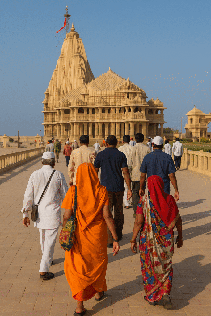 "Somnath Mandir ki yatra par jaate bhakton ka drishya – rang-birange vastron mein log pavitra path par chal rahe hain, peeche bhavya mandir aur upar lahrata saffron dhwaj."
