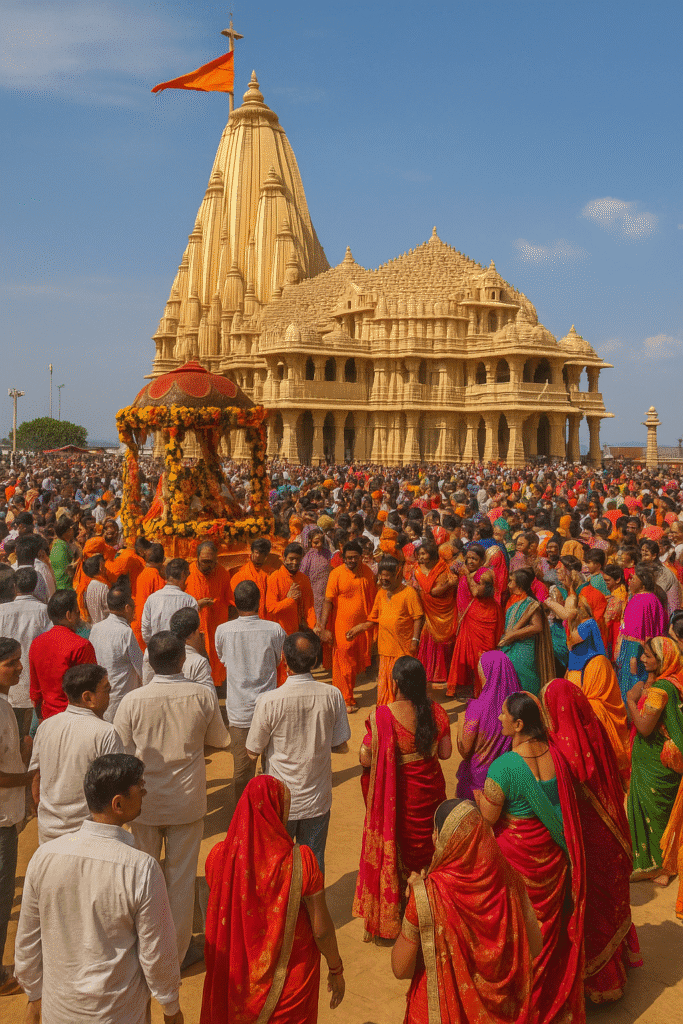 Somnath Temple in Gujarat during a vibrant religious procession, with devotees in colorful traditional attire gathered in front of the grand golden temple under a clear blue sky.
